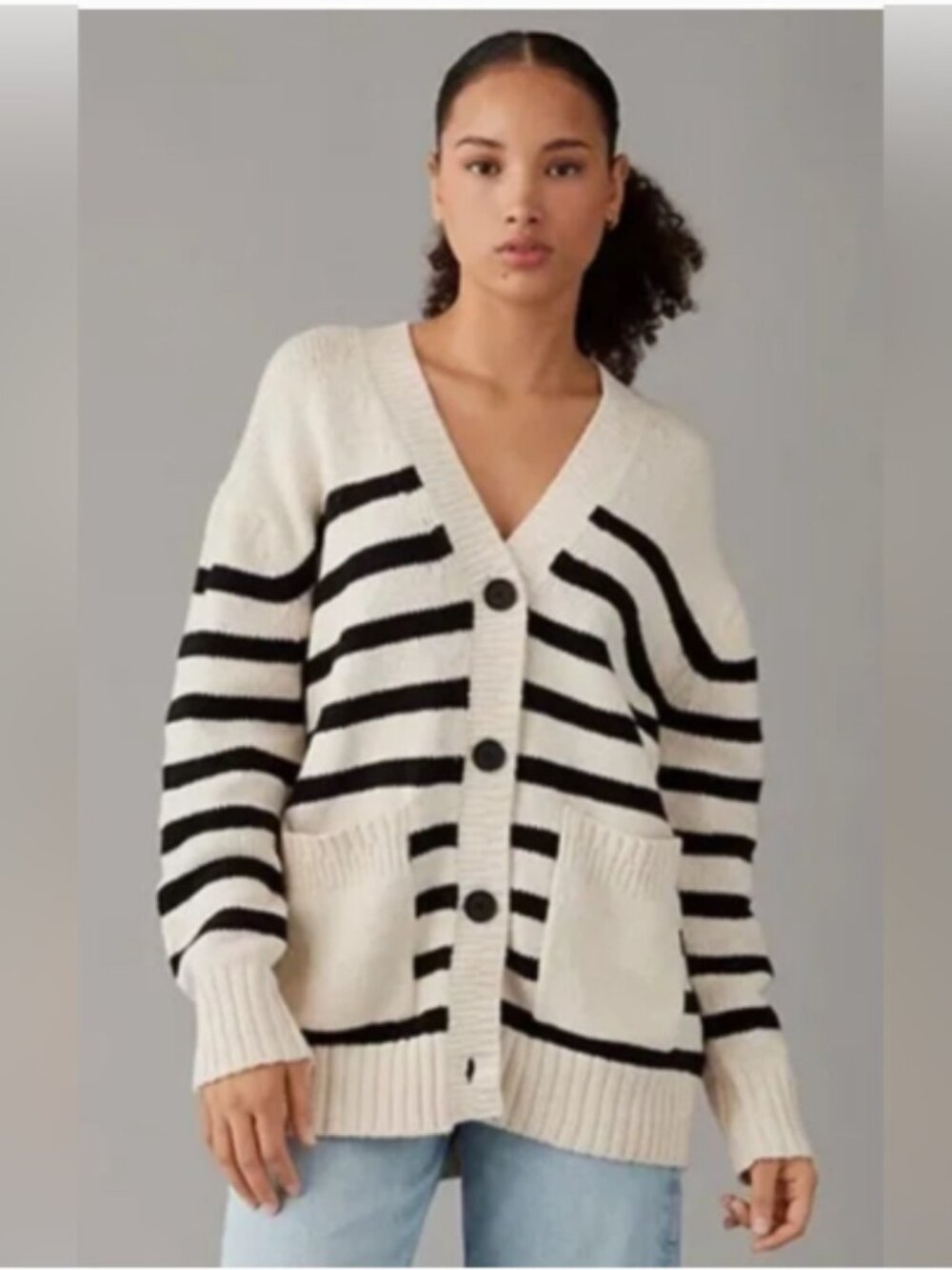 Striped V-Neck Button Front Cardigan Sweater - Cream & Black American Eagle